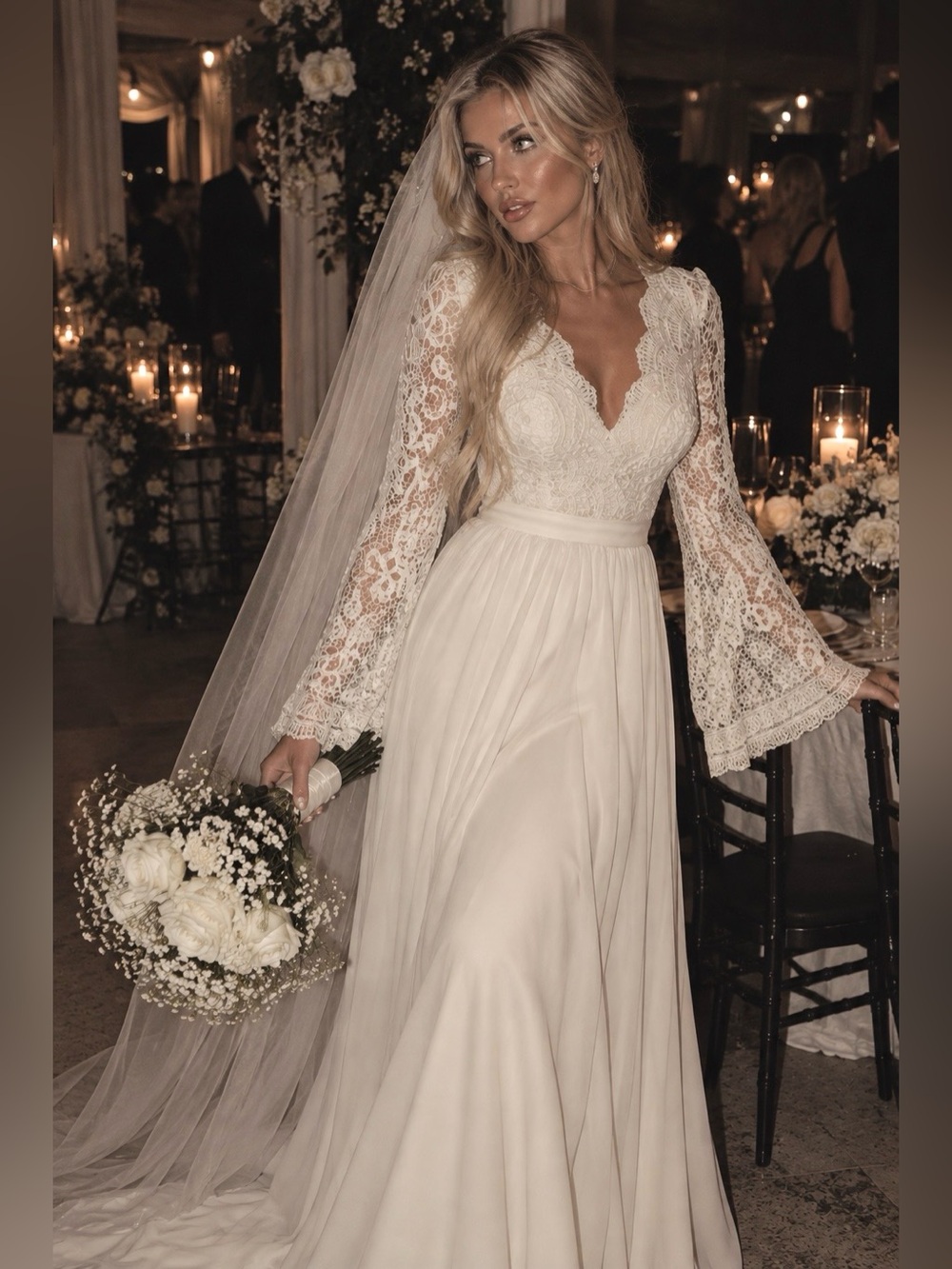 Awaken My Love Elegant Lace Long-Sleeve Formal Stylish Chic Bridal Gown- White